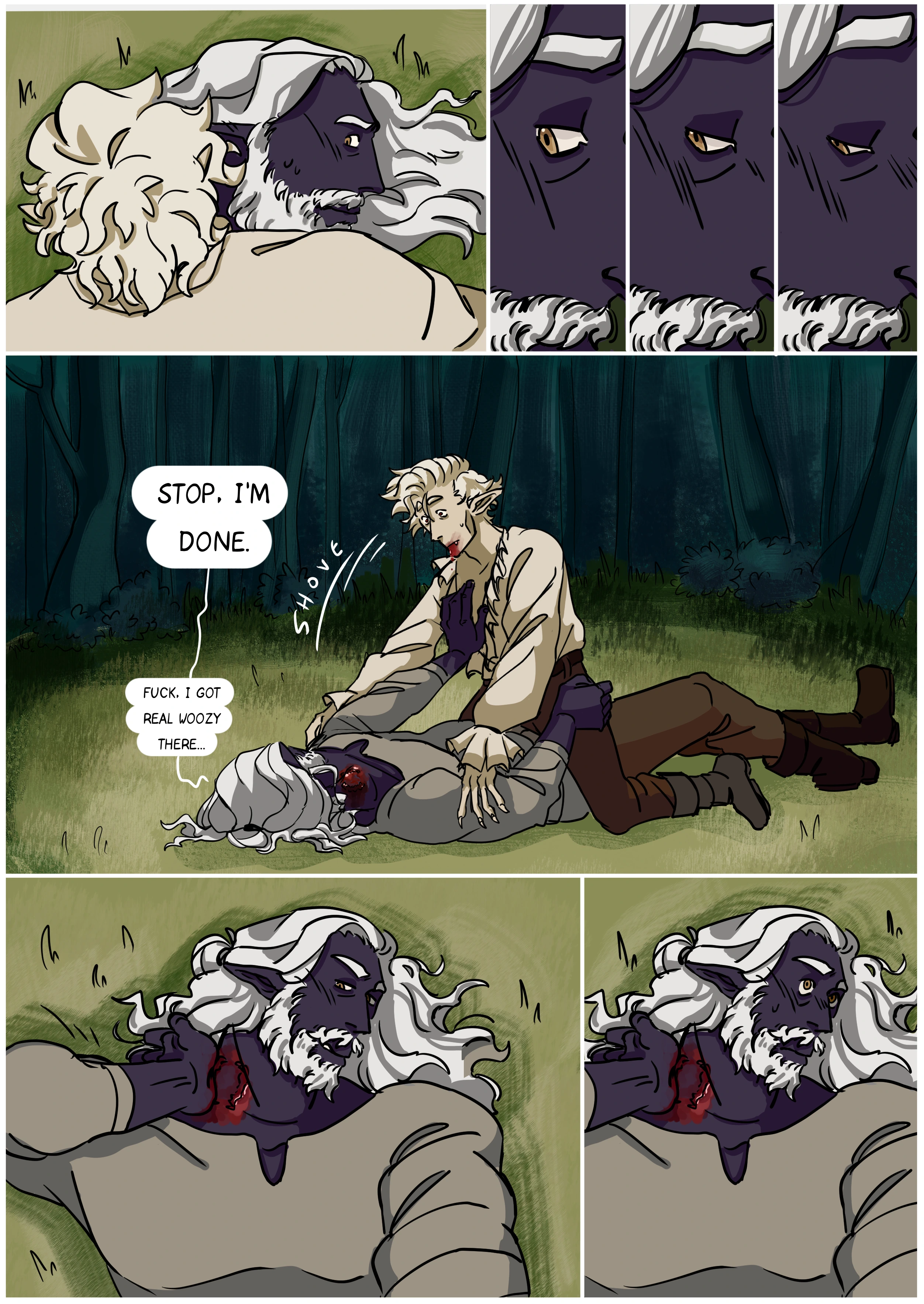 Page 2 of Love Bites - A short comic depicting Astarion, from Baldur's Gate 3, interacting with a strong looking half-drow man.